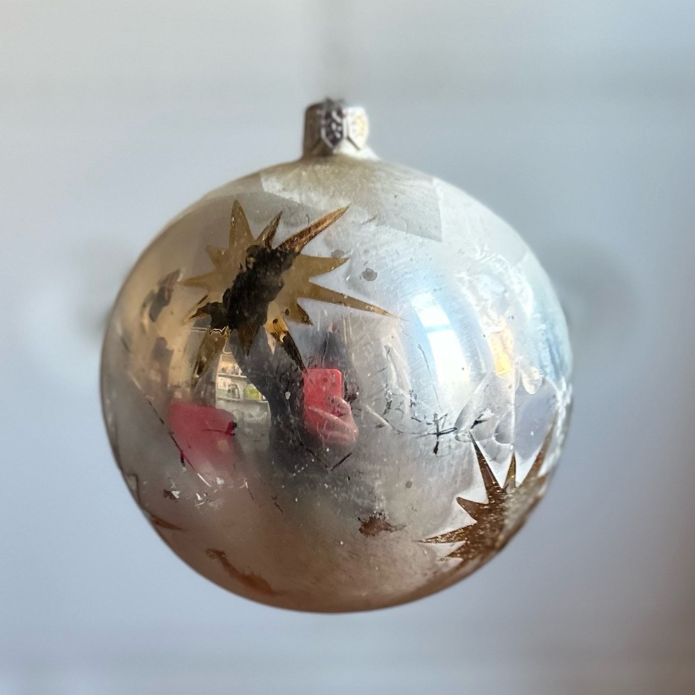 Vintage silver & gold atomic starburst hand painted Christmas ball ornament